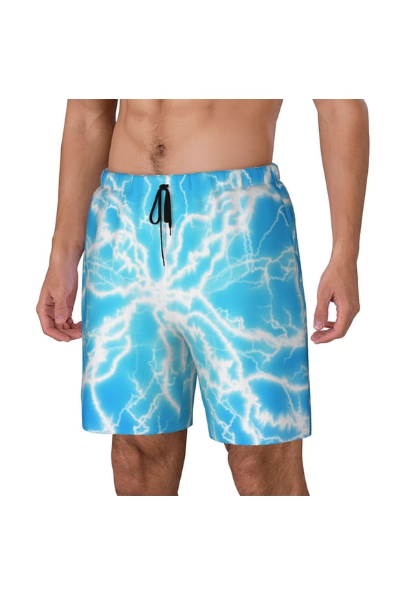Light blue flash Print Men Swim Trunks with Compression Liner ,Board Shorts,Men's Swim Shorts with Drawstring and Elastic Waistband-Large