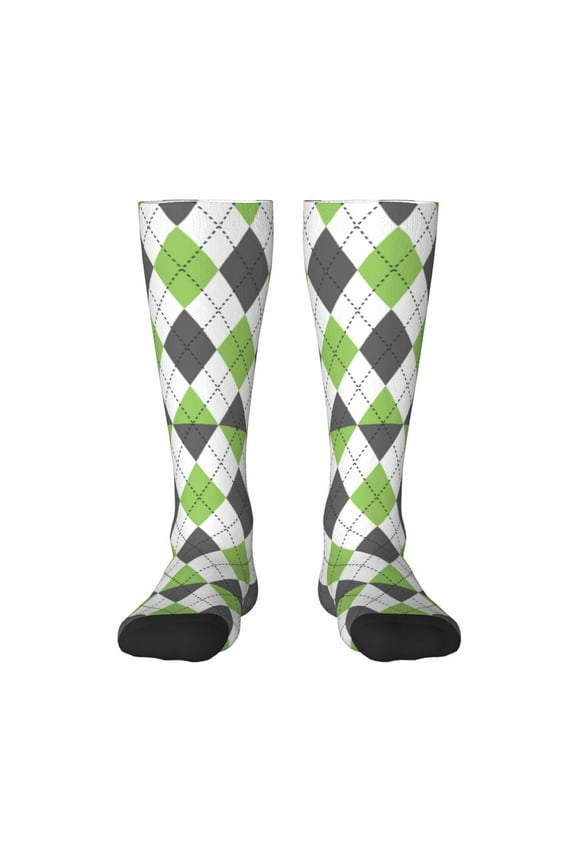 Light green and black argyle Knee Socks, High Socks Long Stretchy Sock Women Knee High Stocking, Long Socks for Women
