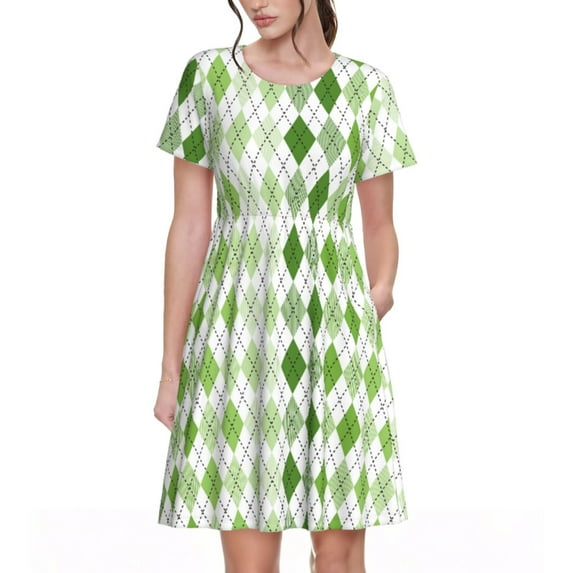 Naloa Light green argyle Print Womens Summer A-Line Dress with Pockets,Short Sleeve Dresses,Flowy Beach Swing Dress for Vacation Travel