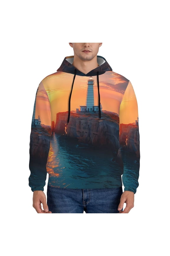 Lighthouse At Sunset Coast Men's Casual Hooded Collar Drawstring Hoodies Pullover Sweatshirts Casual Long Sleeve Shirts-Small