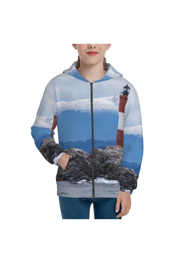 Lighthouse On The Waters Teenage Zipper Hoodie, Long Sleeve Zip Up Hoodies Casual Jackets Tops for 7-12 Years-Medium