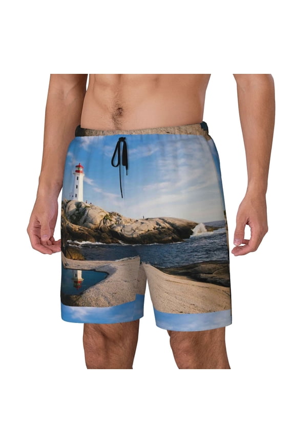 Lighthouse Print Men Swim Trunks with Compression Liner ,Board Shorts,Men's Swim Shorts with Drawstring and Elastic Waistband-Small