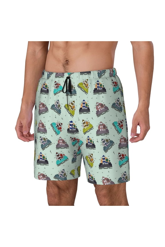 Lighthouse Print Men Swim Trunks with Compression Liner ,Board Shorts,Men's Swim Shorts with Drawstring and Elastic Waistband-Small