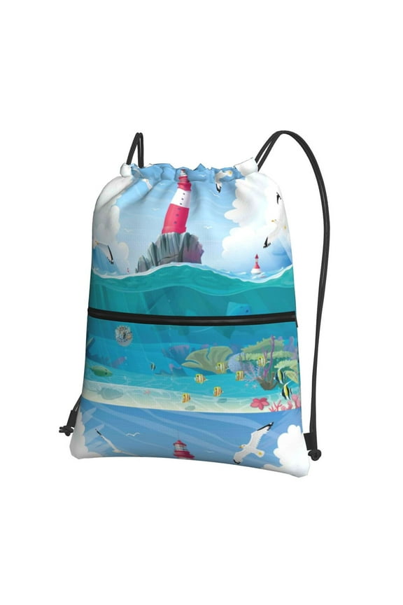 Lighthouse Sea Port Drawstring Backpack String Bag Cinch Water Resistant for Gym Shopping Sport Yoga