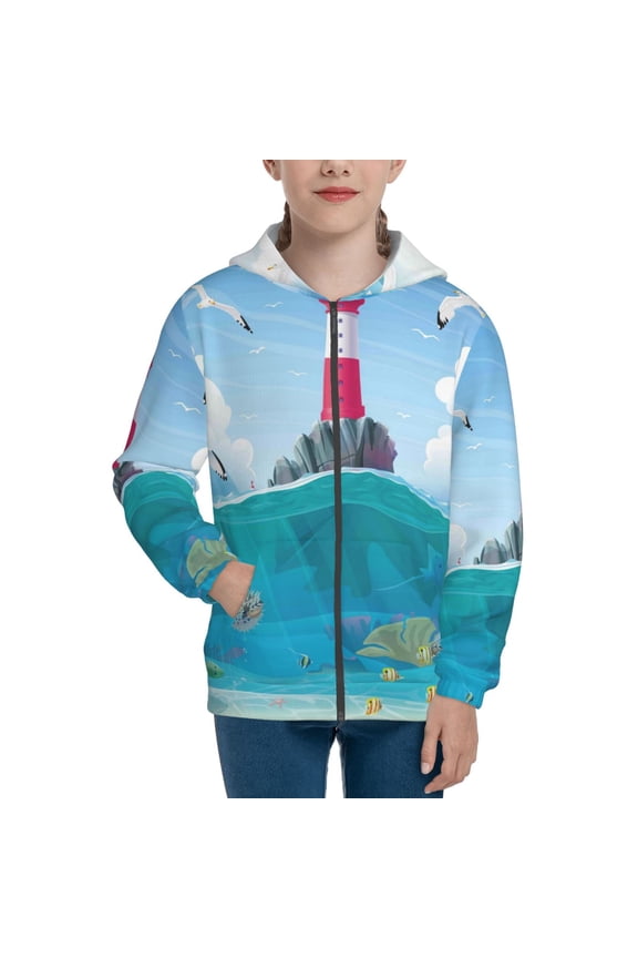 Lighthouse Sea Port Teenage Zipper Hoodie, Long Sleeve Zip Up Hoodies Casual Jackets Tops for 7-12 Years-Small