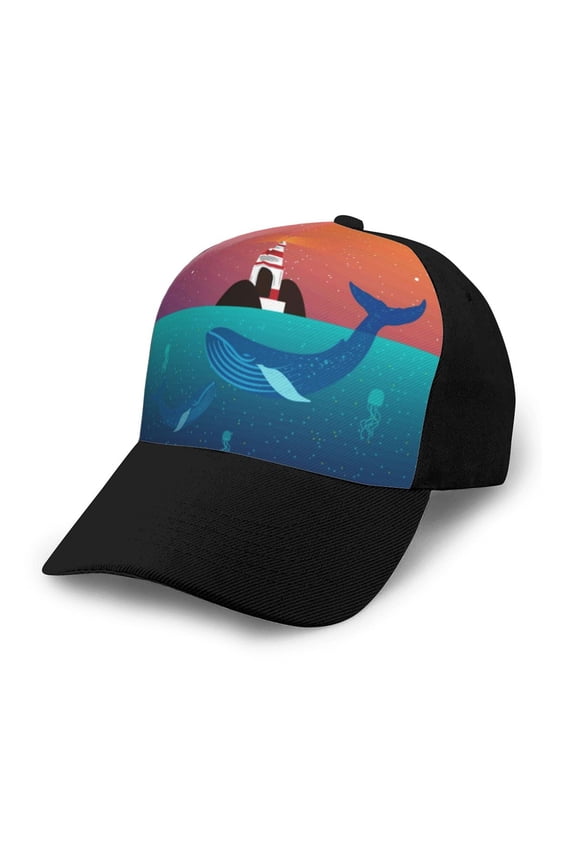 Lighthouse and Whale Adult adjustable Print Baseball Hat, Patchwork curved brim baseball capfor Men and Women, One Size