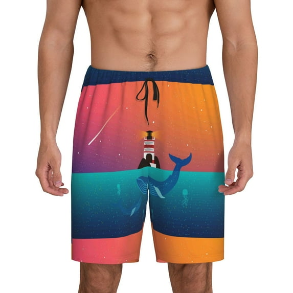 Naloa Lighthouse and Whale Men's Short Pajama Pants, Lounge Comfort Shorts with Elasticized Waistband and Side Pockets - 3X-Large