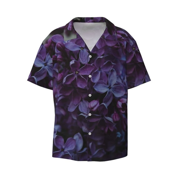 Naloa Lilac Men's Loose Fit Cuban Collar Short-Sleeve Shirt with Button-down and Chest Pocket for Everyday Wear Outings - 3X-Large