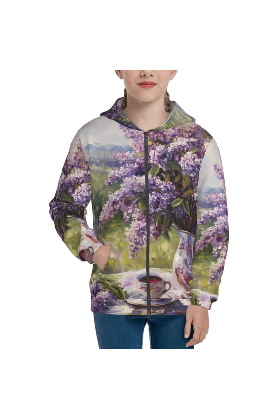 Lilacs Teapot Scenic Painting Teenage Zipper Hoodie, Long Sleeve Zip Up Hoodies Casual Jackets Tops for 7-12 Years-Medium