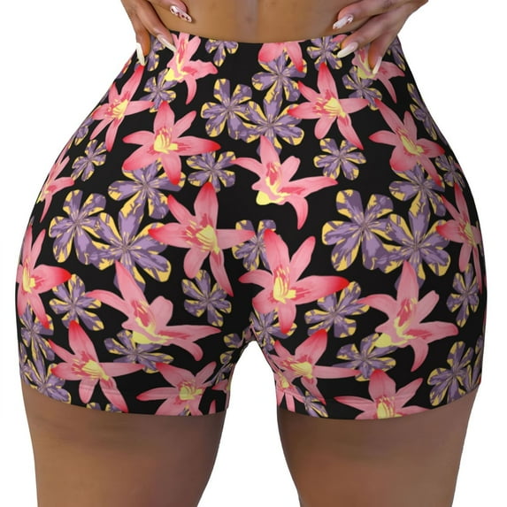 Naloa Lilies Flowers Biker Shorts for Women Seamless Scrunch Short Women’s Yoga Shorts for Gym Running Sport Shorts - Large