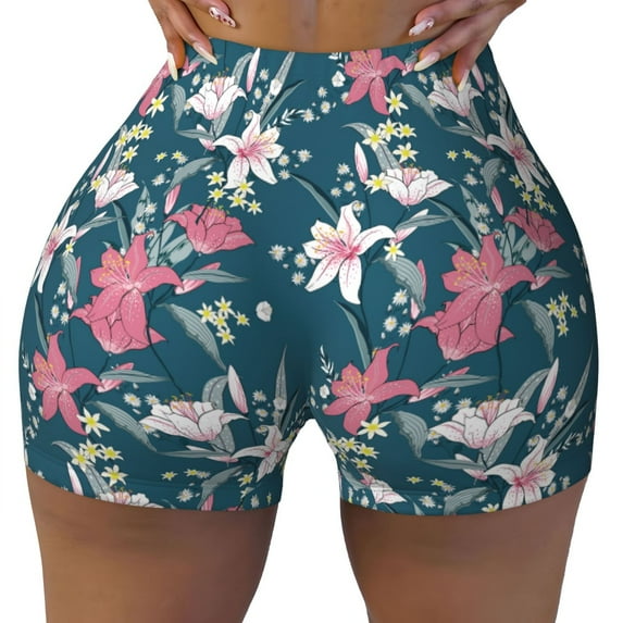 Naloa Lilies Flowers Biker Shorts for Women Seamless Scrunch Short Women’s Yoga Shorts for Gym Running Sport Shorts - Medium