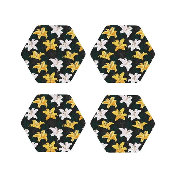 Naloa Lilies Flowers Leather Coasters for Drinks, Durable Drink Coasters 4 Set for Tabletop Protection, Luxurious Home Décor and Housewarming Gift ( {designName})Hexagon