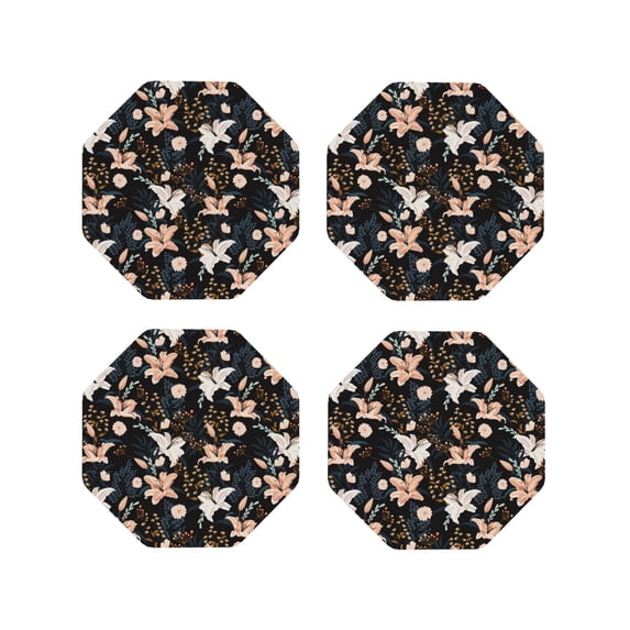 Naloa Lilies Flowers Leather Coasters for Drinks, Durable Drink Coasters 4 Set for Tabletop Protection, Luxurious Home Décor and Housewarming Gift ( {designName})Octagon