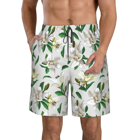 Naloa Lilies Flowers Men's Beach Shorts, Surfing shorts, Swim trunks, Quick Dry Swim Trunks for Surfing Beach Fun - Large