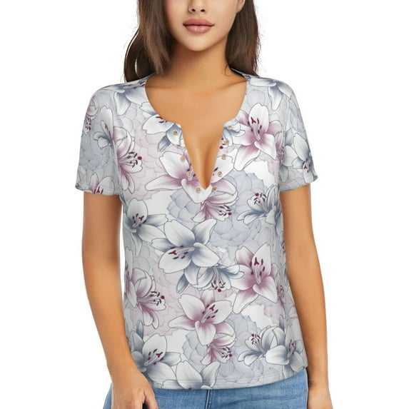 Naloa Lilies Flowers Print T-Shirts Short Sleeve V Neck Tees for Women Fashion Tops Trendy Lightweight Soft Casual Summer Outfits Clothes