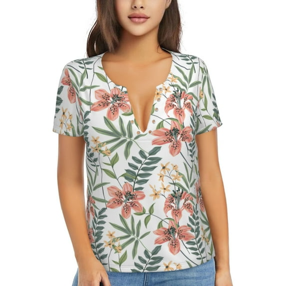 Naloa Lilies Flowers Print T-Shirts Short Sleeve V Neck Tees for Women Fashion Tops Trendy Lightweight Soft Casual Summer Outfits Clothes