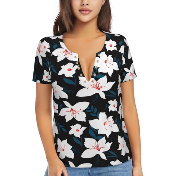 Naloa Lilies Flowers Print T-Shirts Short Sleeve V Neck Tees for Women Fashion Tops Trendy Lightweight Soft Casual Summer Outfits Clothes
