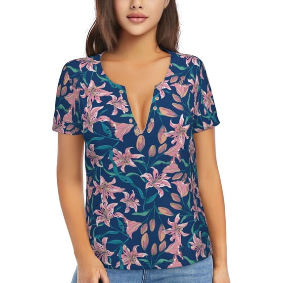 Naloa Lilies Flowers Print T-Shirts Short Sleeve V Neck Tees for Women Fashion Tops Trendy Lightweight Soft Casual Summer Outfits Clothes