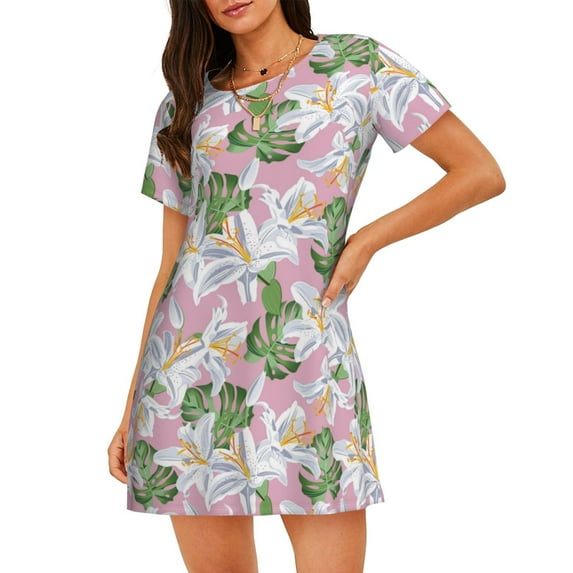 Naloa Lilies Flowers Print Women Nightgowns,Womens Loungewear,Short Sleeve Sleepwear,Comfy Ladies Nightdress