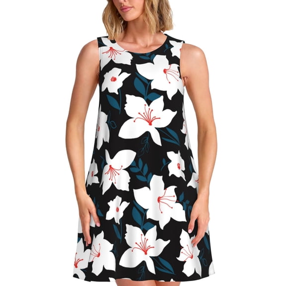Naloa Lilies Flowers Print Women's Summer Spring Casual Beach Sundress,Vacation Sleeveless Tank Crewneck Loose Dresses