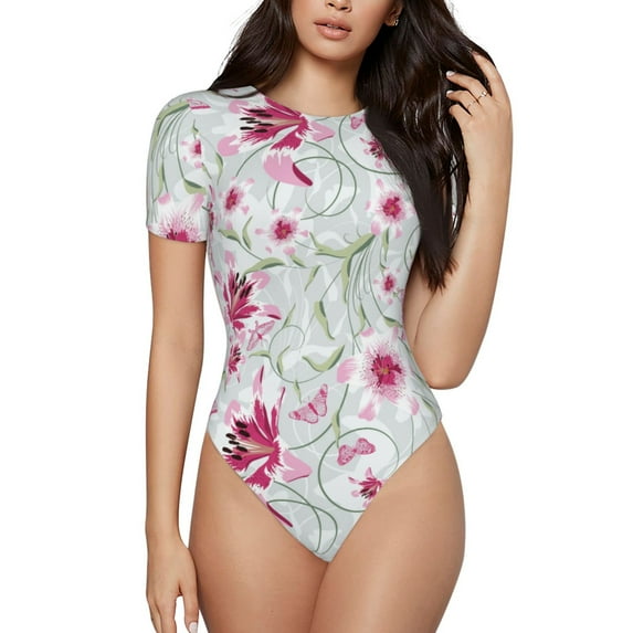 Naloa Lilies Flowers Women's Short-Sleeved Onesie, One-Piece Swimsuit for Parties, dates, clubs - Small