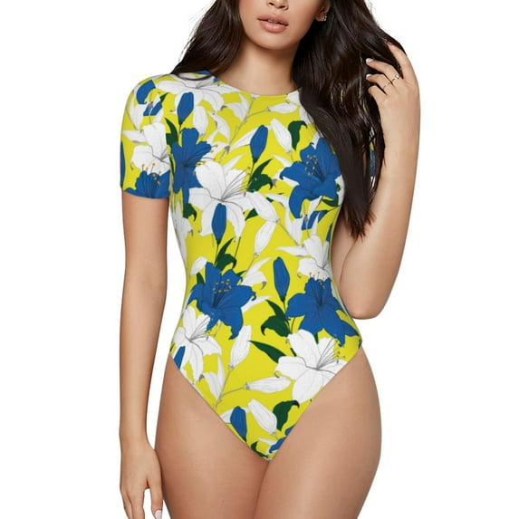 Naloa Lilies Flowers Women's Short-Sleeved Onesie, One-Piece Swimsuit for Parties, dates, clubs - XX-Large