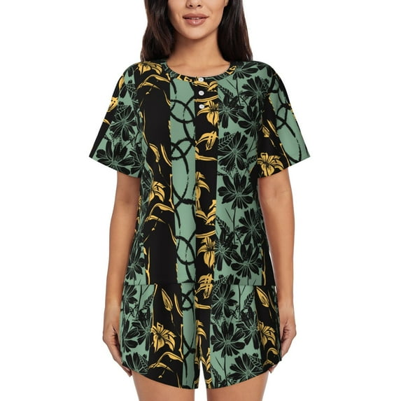 Naloa Lilies Flowers Women's Short-Sleeved Pajama Set, Loungewear, Summer pajamas, Breathable Cozy - Medium