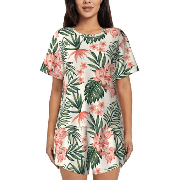 Naloa Lilies Flowers Women's Short-Sleeved Pajama Set, Loungewear, Summer pajamas, Breathable Cozy - Medium