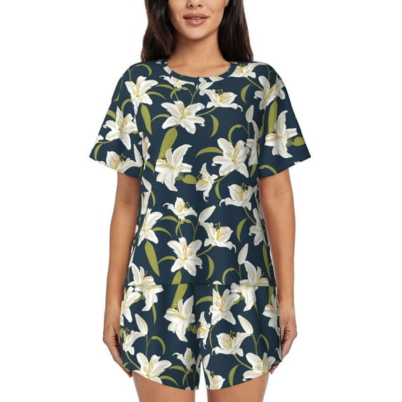 Naloa Lilies Flowers Women's Short-Sleeved Pajama Set, Loungewear, Summer pajamas, Breathable Cozy - Small