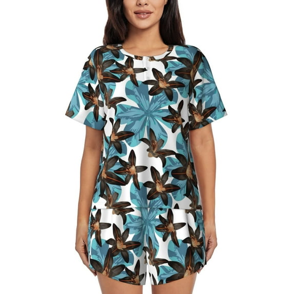 Naloa Lilies Flowers Women's Short-Sleeved Pajama Set, Loungewear, Summer pajamas, Breathable Cozy - X-Large