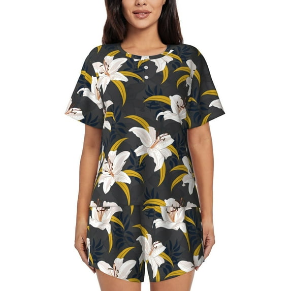 Naloa Lilies Flowers Women's Short-Sleeved Pajama Set, Loungewear, Summer pajamas, Breathable Cozy - XX-Large