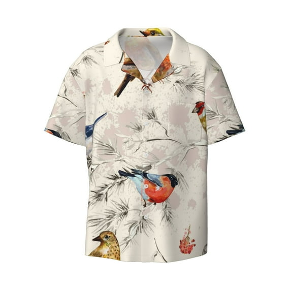 Naloa Little Birds Men's Loose Fit Cuban Collar Short-Sleeve Shirt with Button-down and Chest Pocket for Everyday Wear Outings - Large