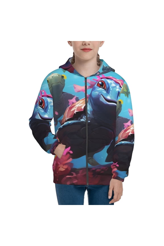 Lively Cute Turtle Teenage Zipper Hoodie, Long Sleeve Zip Up Hoodies Casual Jackets Tops for 7-12 Years-Small