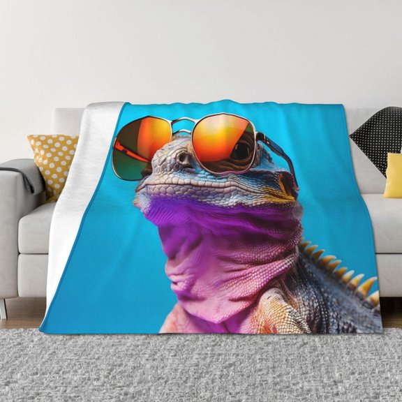 Naloa Lizard With Sunglasses Colorful Flannel Fleece Throw Blanket for Bed Couch, Thick Blanket - All Seasons Suitable for Women, Men and Kids-80"x60"