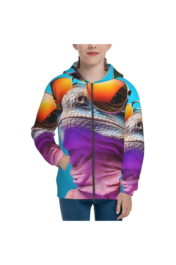 Lizard With Sunglasses Colorful Teenage Zipper Hoodie, Long Sleeve Zip Up Hoodies Casual Jackets Tops for 7-12 Years-Medium