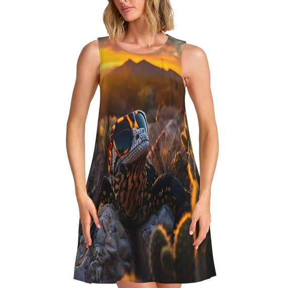 Naloa Lizard With Sunglasses Sunset Print Women's Summer Spring Casual Beach Sundress,Vacation Sleeveless Tank Crewneck Loose Dresses