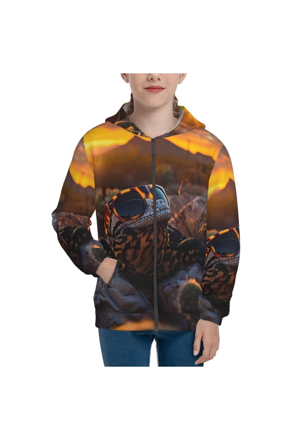 Lizard With Sunglasses Sunset Teenage Zipper Hoodie, Long Sleeve Zip Up Hoodies Casual Jackets Tops for 7-12 Years-Medium