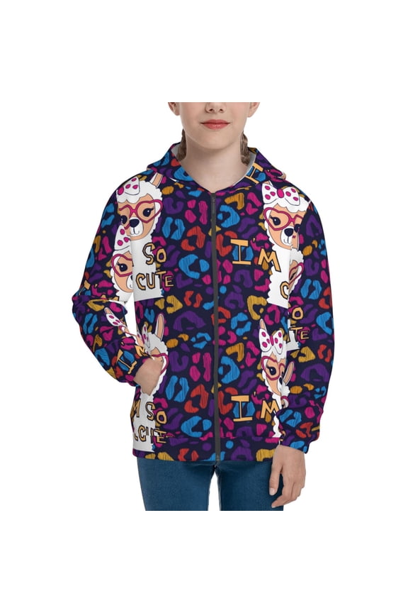 Llama Alpaca Teenage Zipper Hoodie, Long Sleeve Zip Up Hoodies Casual Jackets Tops for 7-12 Years-Medium
