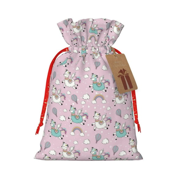 Naloa Llama Unicorn and Rainbow Drawstring Christmas Bags, 3D Xmas Gift Bags, Christmas Wrapping Bags, Xmas Goodie Bags, Treat Pouch Bags, Party Favor Bags-
