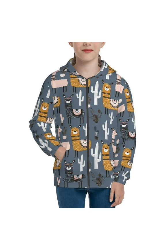 Llama and Cactus Teenage Zipper Hoodie, Long Sleeve Zip Up Hoodies Casual Jackets Tops for 7-12 Years-Small