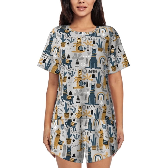 Naloa Llama and Cactus1 Women's Short-Sleeved Pajama Set, Loungewear, Summer pajamas, Breathable Cozy - 4X-Large