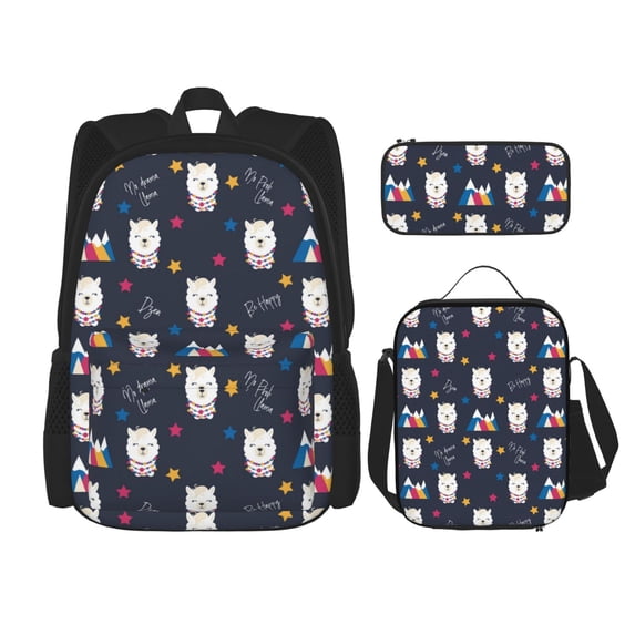 Naloa Llamas 1 Print Large Capacity Backpack Lunch Bag Pencil Case Combination 3 Piece Set for Student