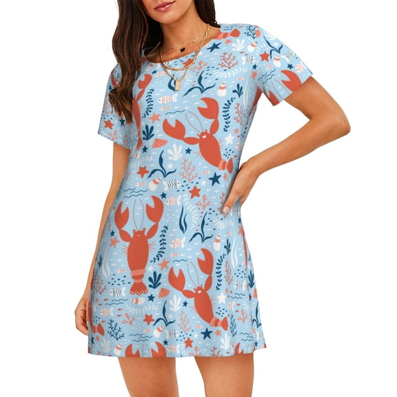 Naloa Lobsters Print Women Nightgowns,Womens Loungewear,Short Sleeve Sleepwear,Comfy Ladies Nightdress