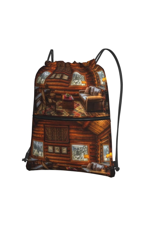 Log Cabin Inside Drawstring Backpack String Bag Cinch Water Resistant for Gym Shopping Sport Yoga