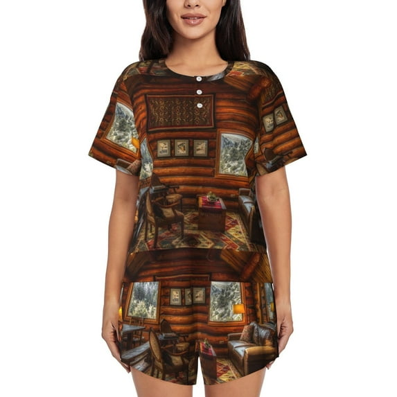 Naloa Log Cabin Inside Women's Short-Sleeved Pajama Set, Loungewear, Summer pajamas, Breathable Cozy - Large