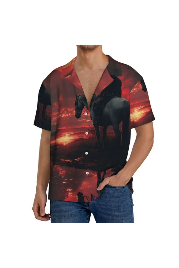 Lone Rider Under Red Sky Men's Loose Fit Cuban Collar Short-Sleeve Shirt, Hawaiian Shirts, Mens Shirts Casual for Everyday Wear Outings-3X-Large