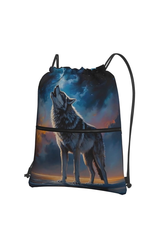 Lonely Night Sky Wolf Drawstring Backpack String Bag Cinch Water Resistant for Gym Shopping Sport Yoga