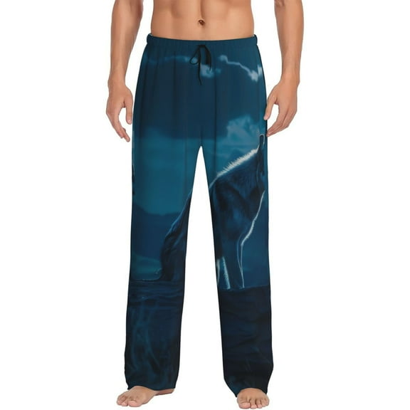 Naloa Lonely Night Wolf Pajama Pants Men, PJ Bottoms, Sleep & Lounge Pants-Small
