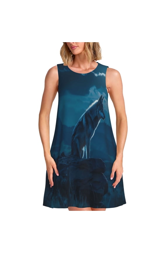 Lonely Night Wolf Print Women's Summer Spring Casual Beach Sundress,Vacation Sleeveless Tank Crewneck Loose Dresses