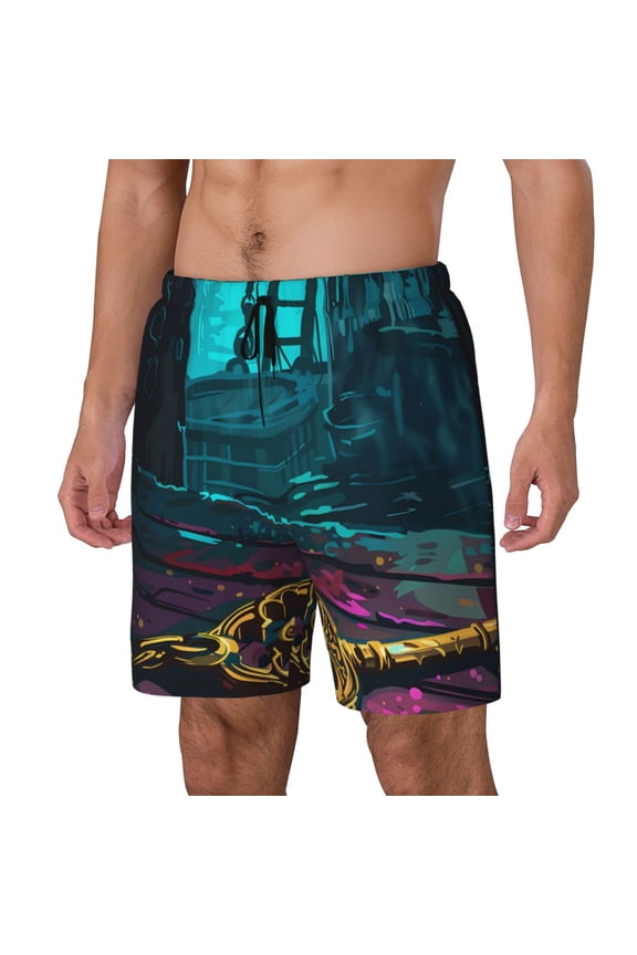 Lost Golden Key Print Men Swim Trunks with Compression Liner ,Board Shorts,Men's Swim Shorts with Drawstring and Elastic Waistband-Large